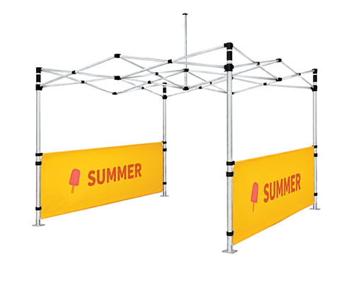 Canopy tent with half walls and open sides, ideal for outdoor festivals and fairs.