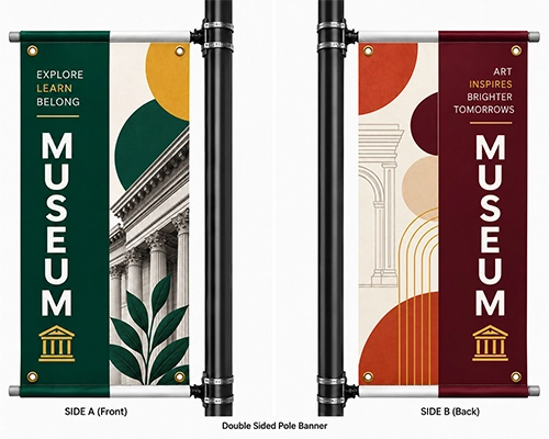 Double sided museum pole banner with custom artwork and vibrant graphics