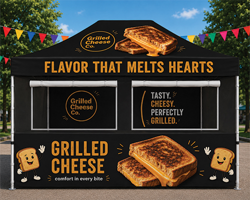 Branded 10x15 pop-up food canopy featuring vibrant graphics, ideal for farmers markets, fairs, and community events.