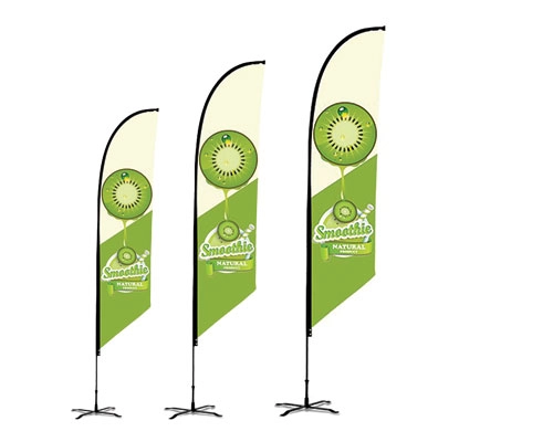 Branded feather angled flag showcased at a trade show booth