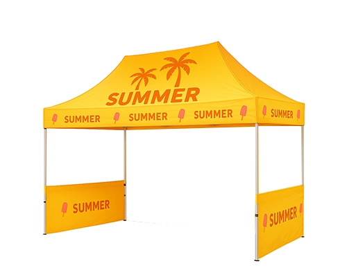 Canopy tent with half walls and open sides, ideal for outdoor festivals and fairs.
