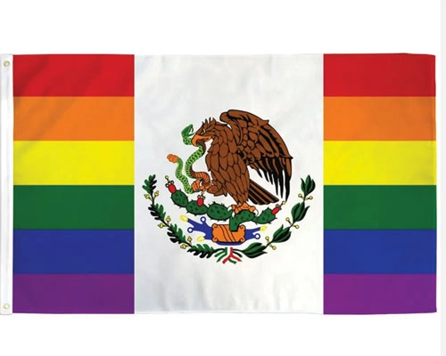 Close-up of custom rectangle flag with bold graphic design for marketing
