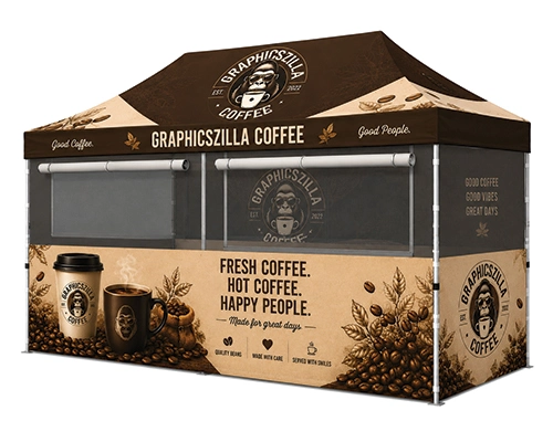 Commercial-grade 10x20 food booth canopy with custom graphics for restaurants, caterers, and food truck events.