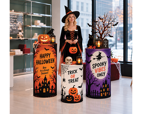 Custom 3-piece Halloween trade show counter set with spooky printed graphics.
