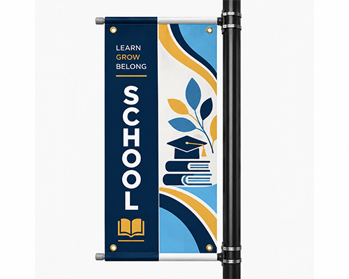 Custom double sided pole banner displayed on a black street light pole