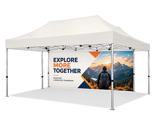 Custom printed 20x20 canopy tent back wall for branded outdoor events, trade shows, and promotional displays
