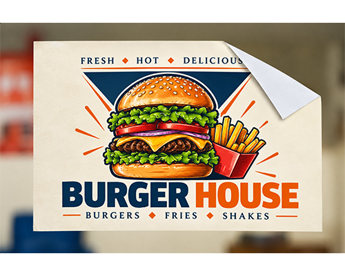 Custom printed burger restaurant window cling applied to the outside of a storefront glass window with vibrant food graphics.