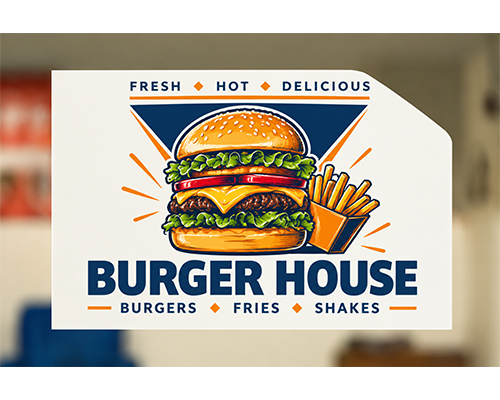 Custom printed window cling with colorful burger restaurant graphics applied to the inside of a glass window.