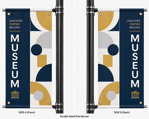 Custom university campaign pole banner mounted on a black decorative street pole