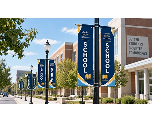 Double sided custom pole banner with professional graphics for schools, sports and events