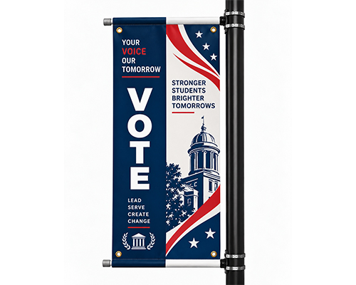 Double sided outdoor pole banner featuring custom school graphics on a campus street