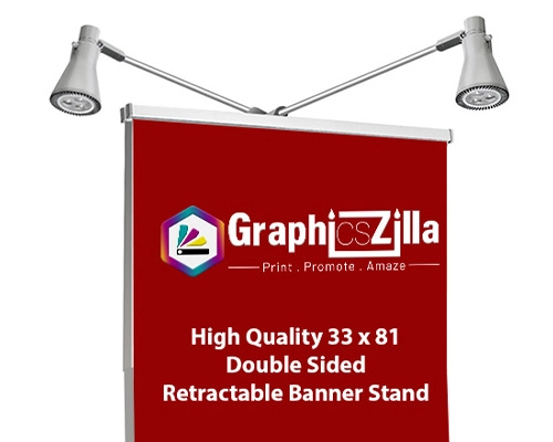 Double Sided Retractable Banner Stand Fully Extended At Event Booth