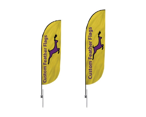 Durable feather convex flag displayed outside a storefront