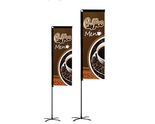 Durable L shape flag with vibrant design at a storefront