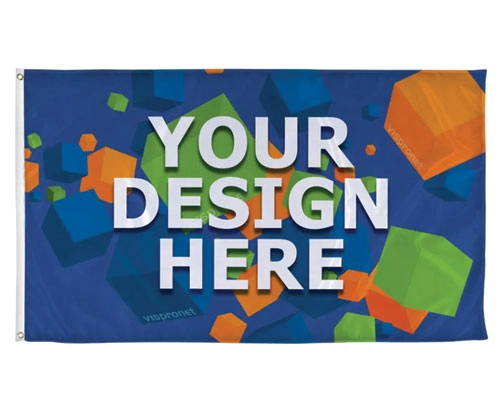 Durable rectangle flag fluttering outside a retail business