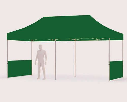 Half-wall canopy tent in a park, offering partial wind and sun protection for a small gathering