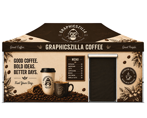 Large 10x20 food canopy tent with branded graphics, side walls, and spacious layout for commercial food vendors.