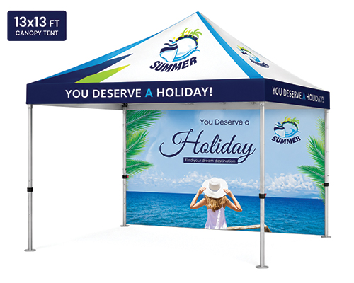 Large 13x13 branded canopy tent with custom printed graphics
