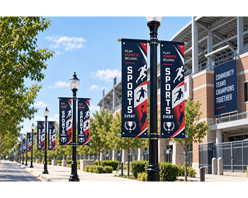 Outdoor pole banners with custom sports event graphics lining a stadium walkway