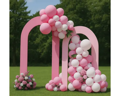 Outdoor welcome arch backdrop with balloons at a garden party