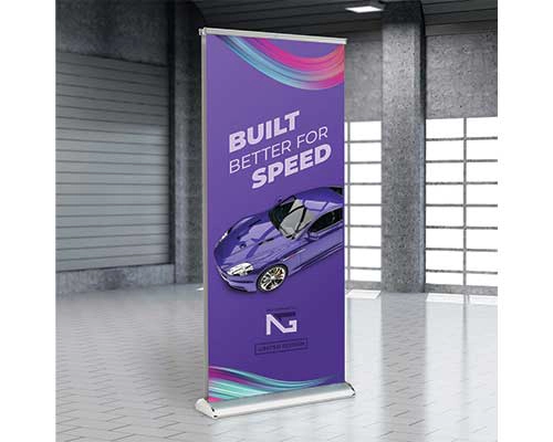 Side Angle Showing Both Printed Panels Of The Deluxe Banner Stand