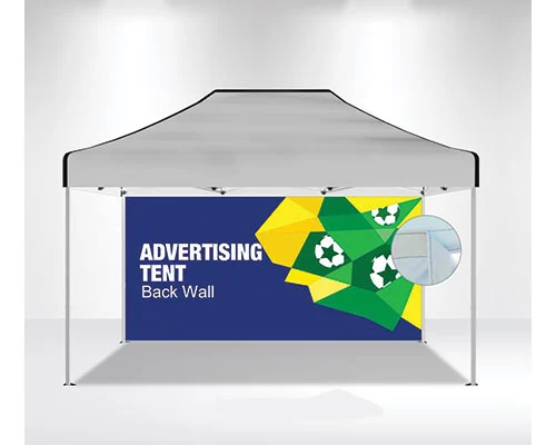Side view of a 10 x 20 canopy tent with full walls, offering shelter and security at a market.