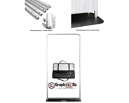 Step-by-step image showing easy setup of 48x90 fabric stand