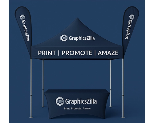 Trade Show Booth Setup With Affordable Popup Canopy Package With Two Flags And 6 Ft Stretch Table Cover