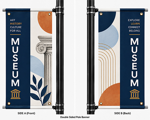 Vibrant custom outdoor pole banners mounted on street light poles for event branding